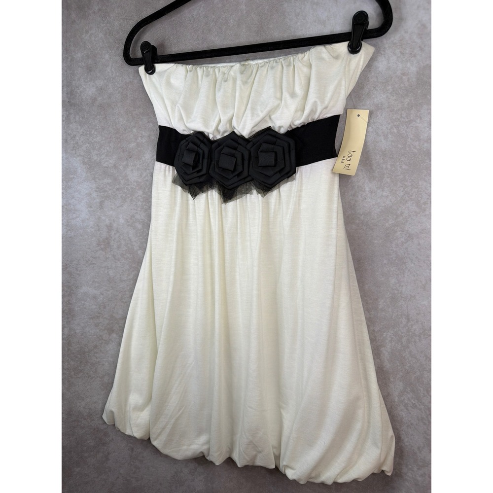 NWT Y2K Too Mi Strapless Bubble Hem Dress Women Medium White Black Floral Sash - Picture 2 of 7